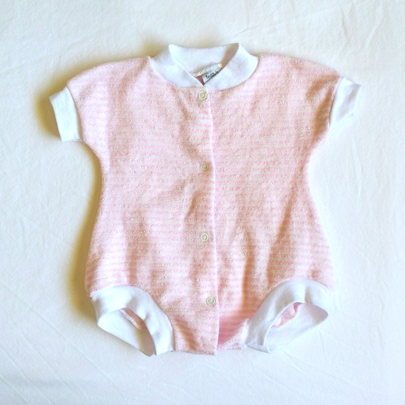 vintage teddy's choice pink & white striped snap terry romper playsuit 3 months - Picture 1 of 4